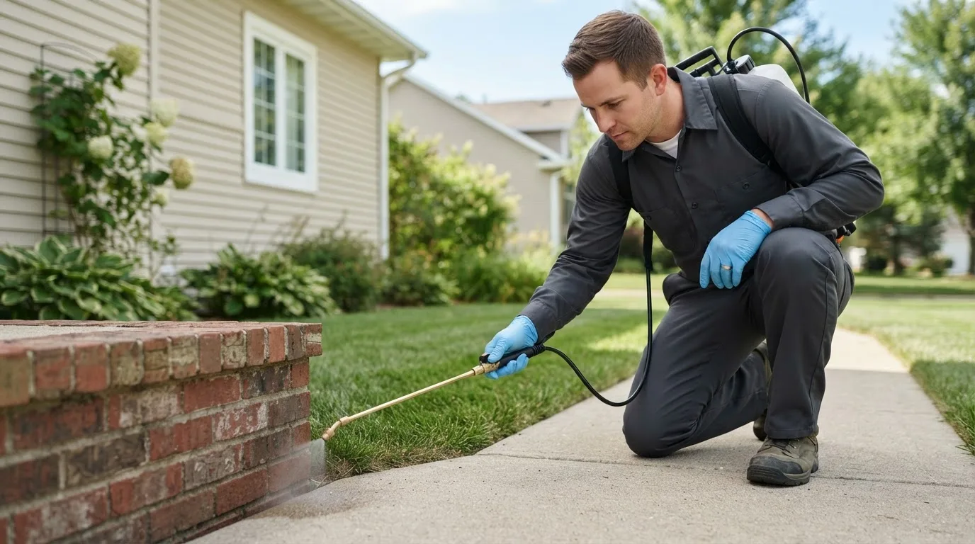 Pest control technician treating a home near Whatley, AL