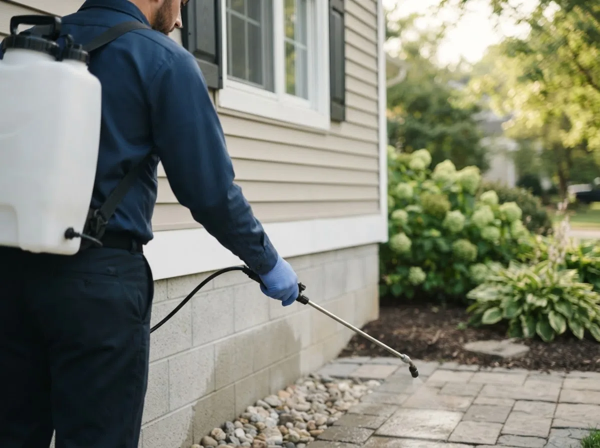 Pest control technician inspecting a home in Whatley, AL